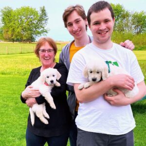 family with golden retriever puppies